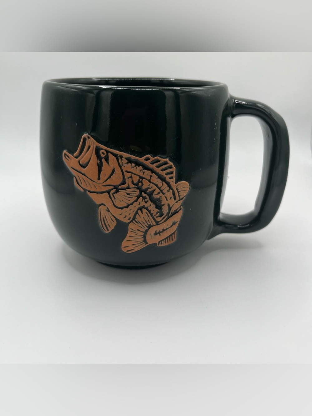 Frankoma Pottery Handmade Stoneware Hunter Green Large Mug Cup Fish Design 4x4”